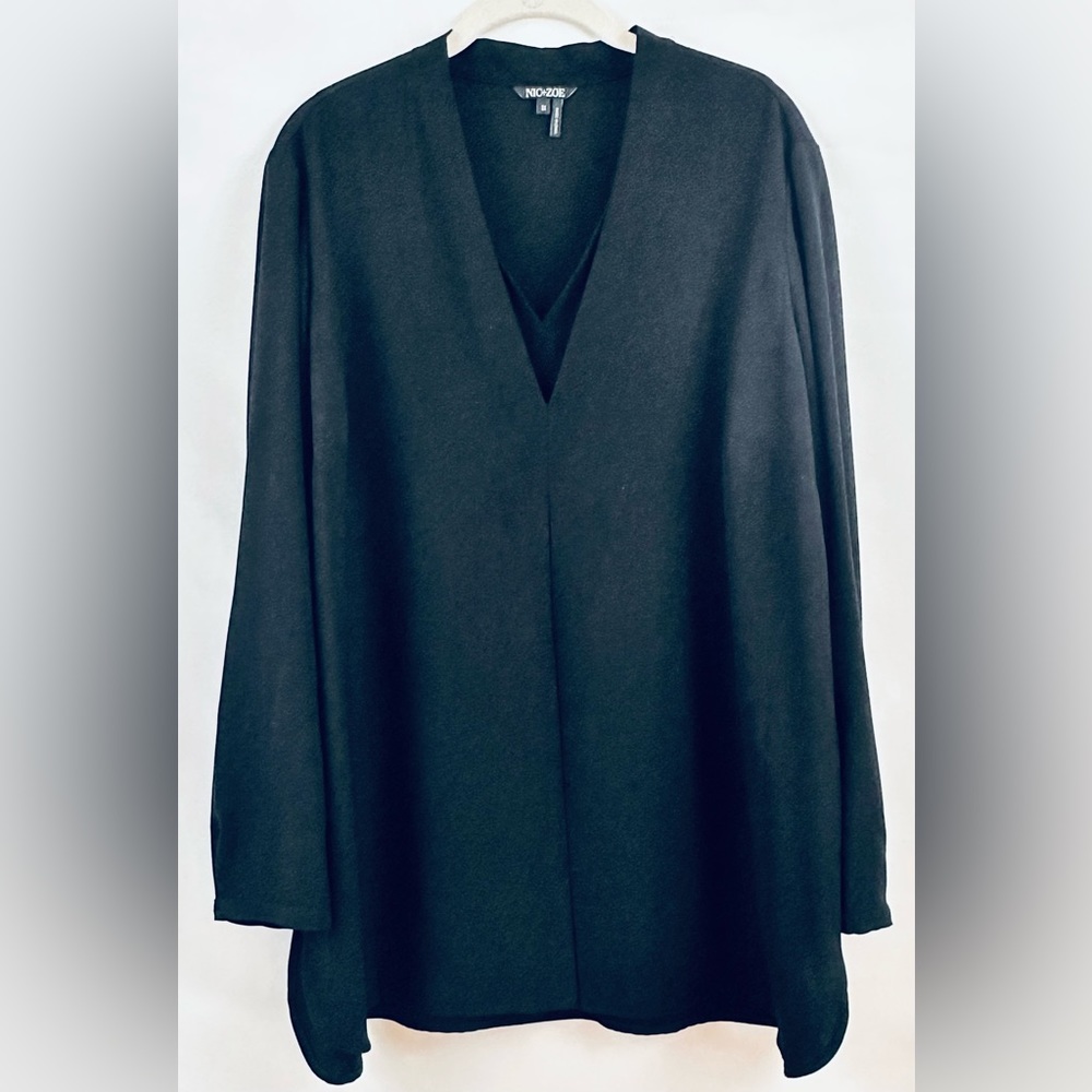NIC + ZOE Black Long Sleeve Blouse Double V Neck Front Gusset Side Slits…